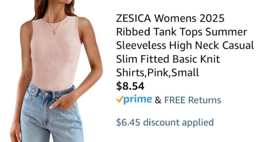 woman wearing pink tank top next to Amazon pricing information