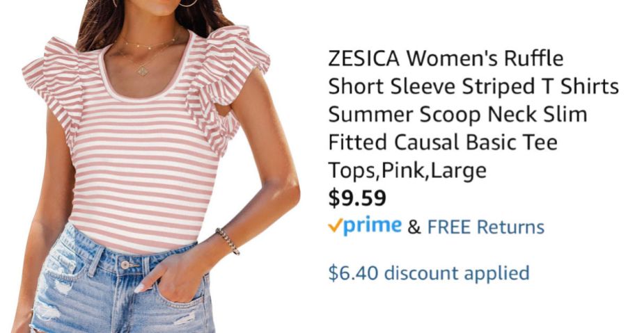 woman wearing striped shirt next to Amazon pricing information