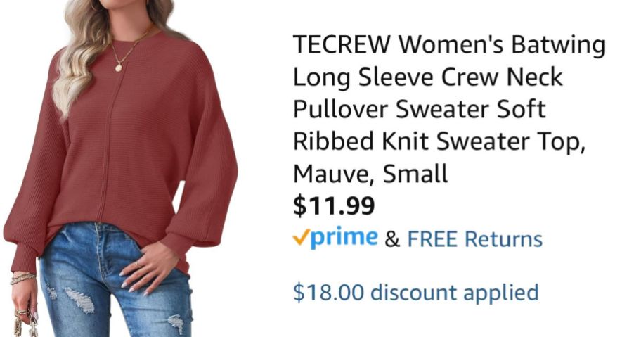 woman wearing rust-colored sweater next to Amazon pricing information