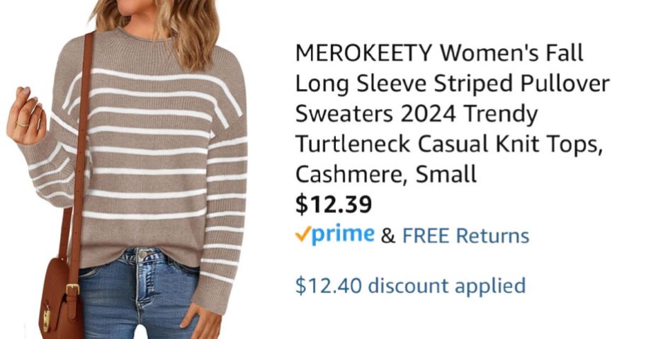 woman wearing striped sweater next to Amazon pricing information