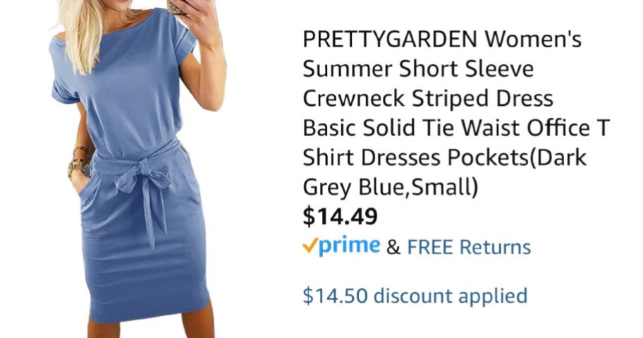 woman wearing blue dress next to Amazon pricing information