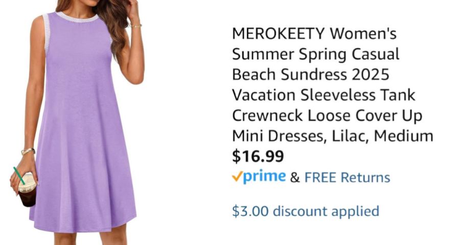 woman wearing purple dress next to Amazon pricing information