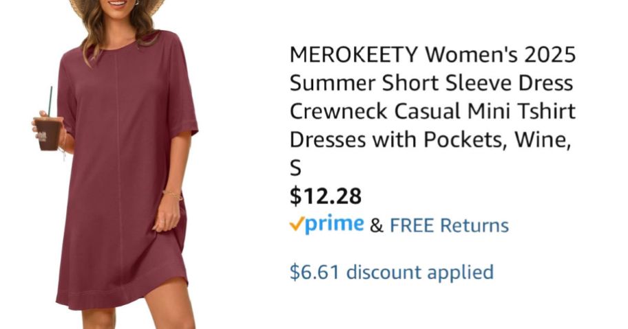 woman wearing burgundy dress next to Amazon pricing information