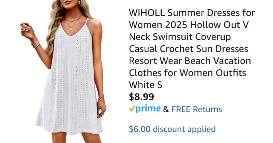 woman wearing white dress next to Amazon pricing information