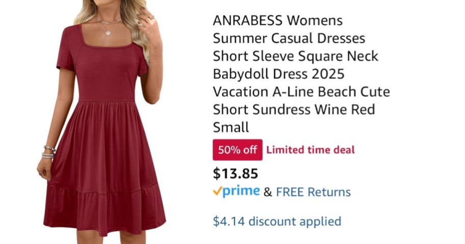 woman wearing red dress next to Amazon pricing information