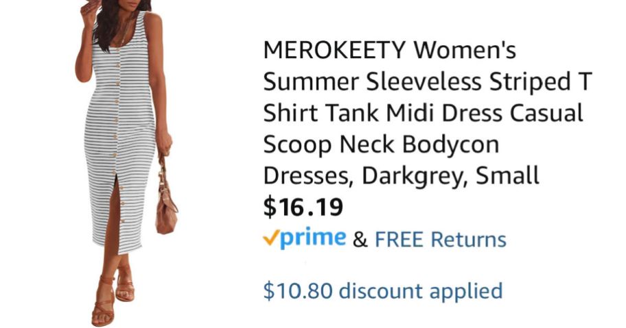 woman wearing dress next to Amazon pricing information