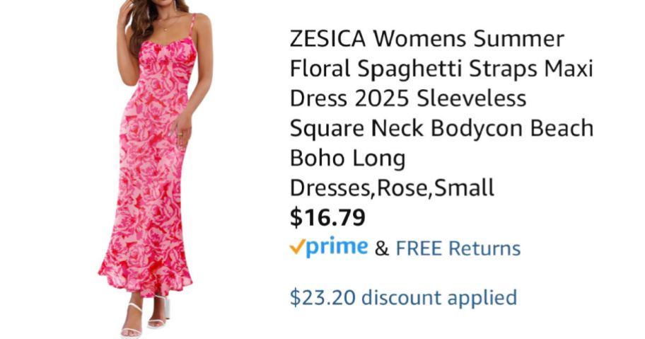 woman wearing floral dress next to Amazon pricing information