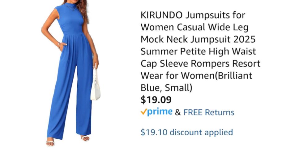 woman wearing blue jumpsuit next to Amazon pricing information