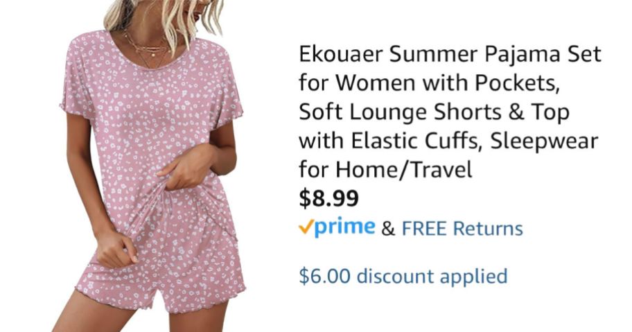 woman wearing floral pajamas next to Amazon pricing information