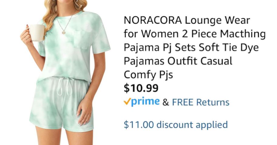 woman wearing tie dye pajamas next to Amazon pricing information