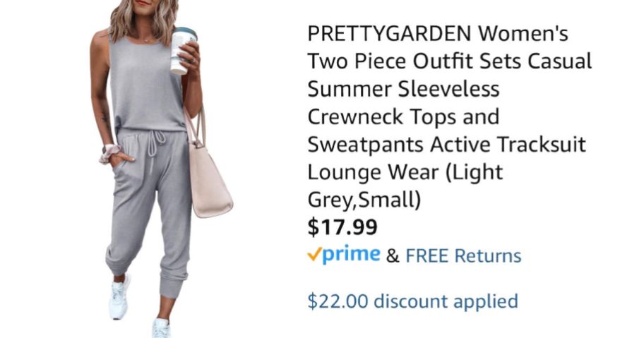 woman wearing gray lounge set next to Amazon pricing information