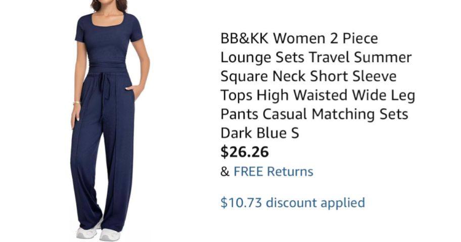 woman wearing navy jumpsuit next to Amazon pricing information