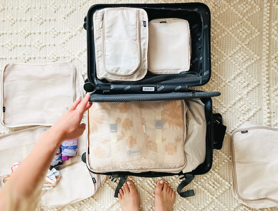 top view of open luggage suitcase with different size packing cubes