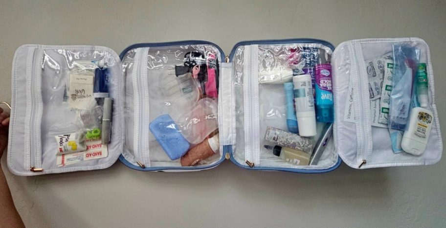 open toiletry bag with products inside