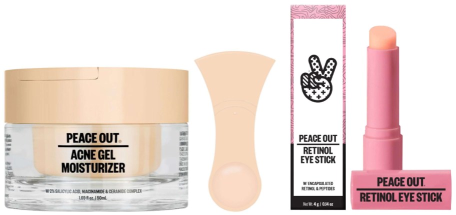 stock images of peace out acne gel moisturizer and peaceout eye stick