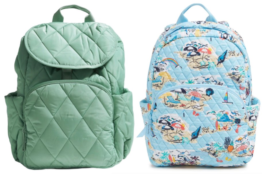 sage green backpack and beach print backpack