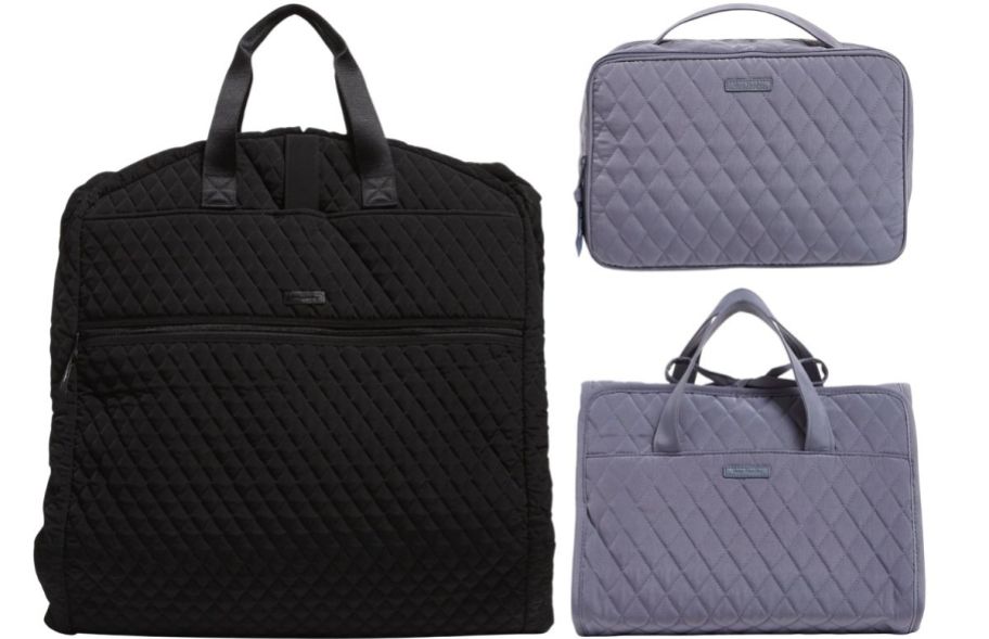 a garment bag and two quilted makeup bags stock images