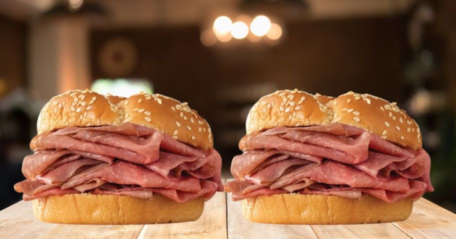 two arby's roast beef sandwiches