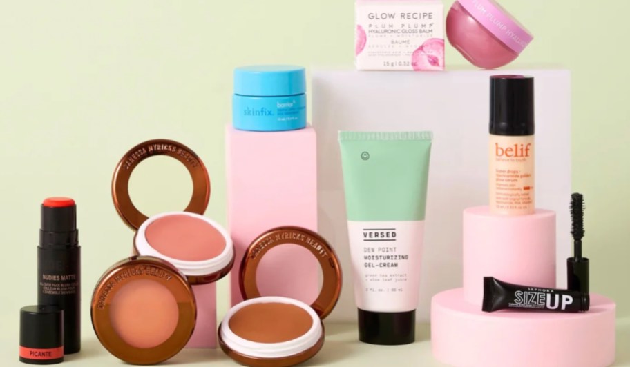 blush stick, lip balm, gel cleaner, eye cream, and more beauty products