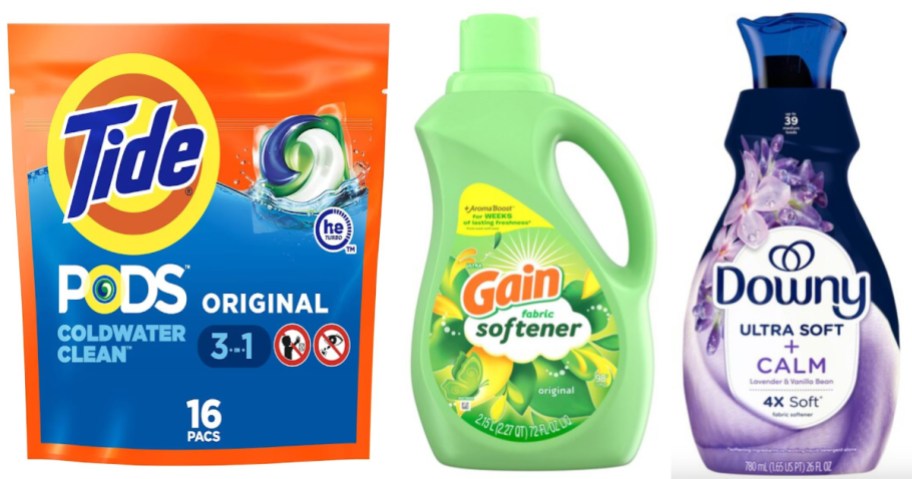 laundry pods and two bottles of fabric softener