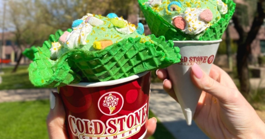 holding Lucky Charms ice cream from Coldstone