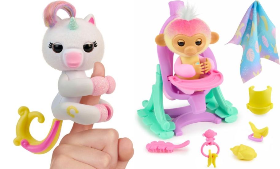 baby uniicorn on a girls finger and a baby monkey in a highchair