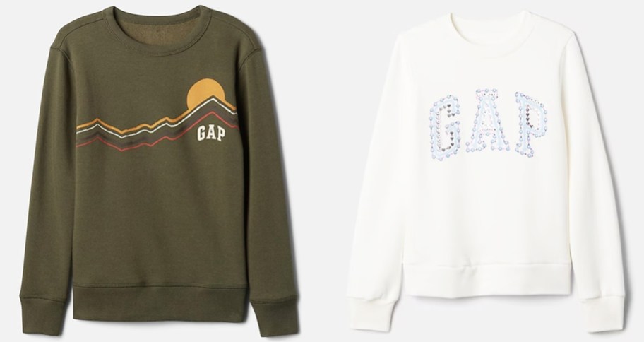 green and white gap kids crewneck sweatshirts