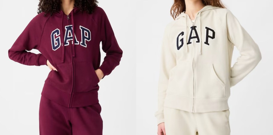 two women in maroon and white gap zip up hoodies