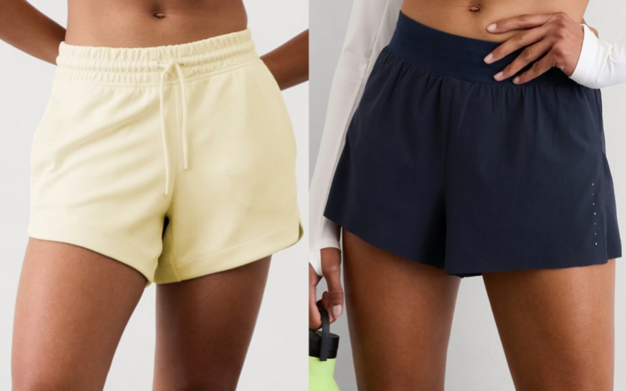 womens legs in yellow and navy shorts