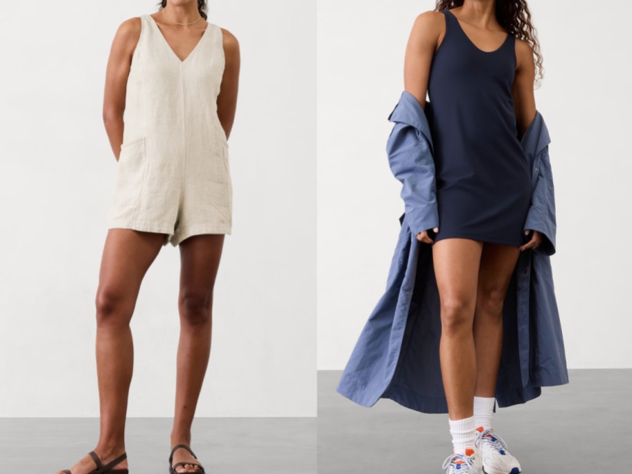 women in tan romper and navy athletic dress