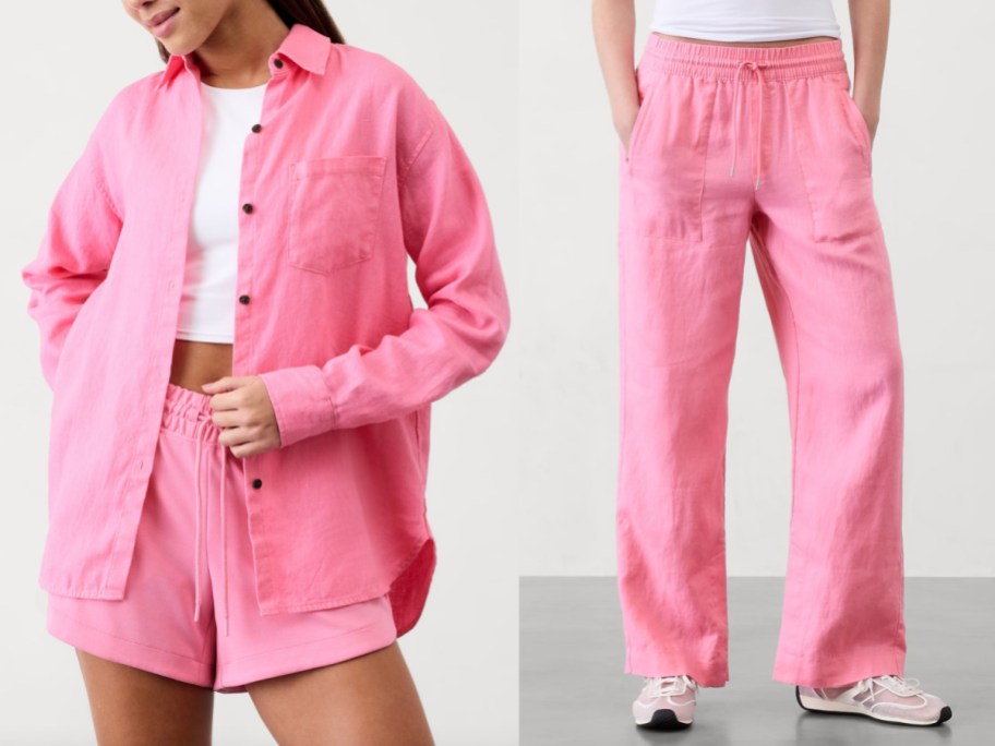 women in pink button linen shirt and pink pants