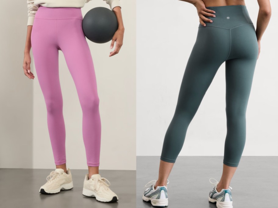 womens legs in pink and gray leggings