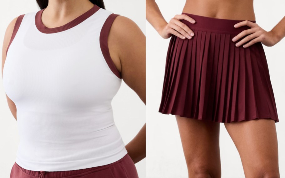 women in white tank and maroon pleated skort