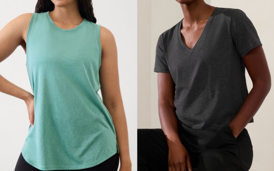 women in teal tank and black tee