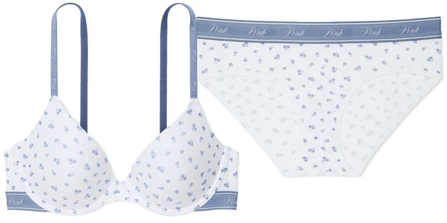 Victoria's Secret PINK Bra and Panty Set in White Floral and Blue Print