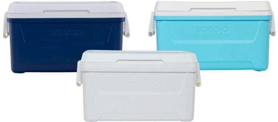 three igloo 48 quart coolers in blue, aqua, and white