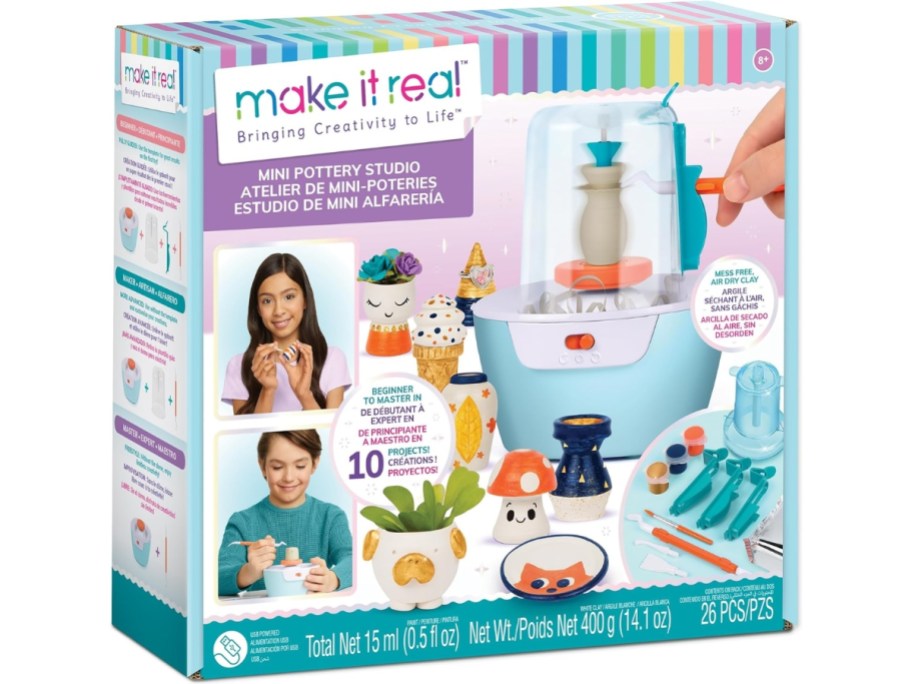 a box with a Make it Real Kids Mini Pottery Studio Kit in it