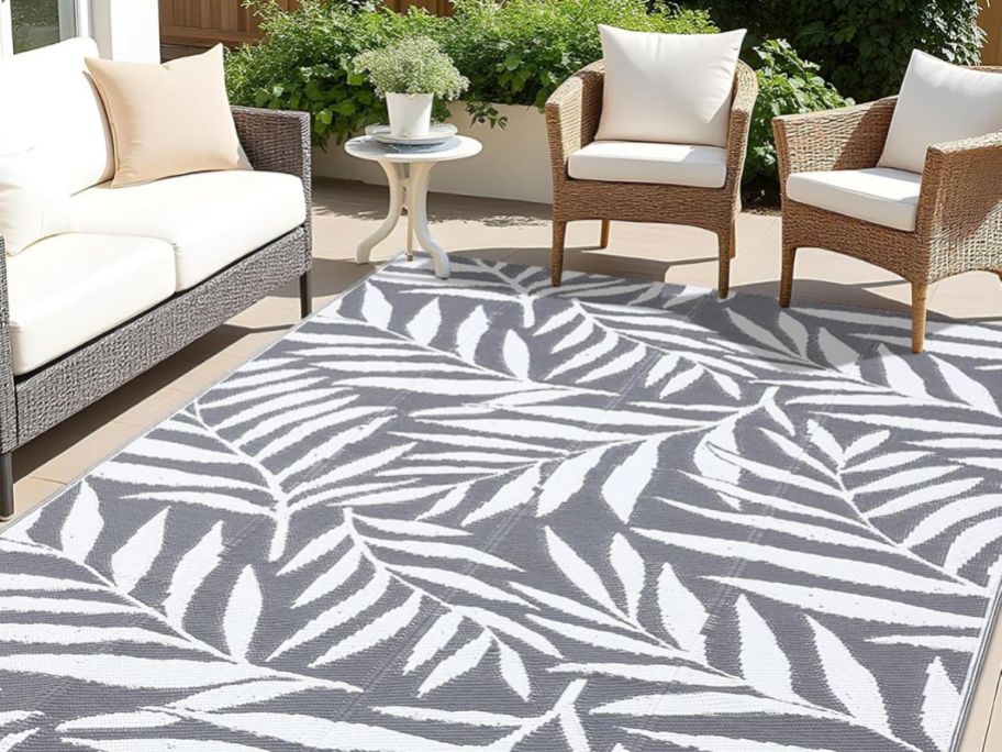 Outdoor Rug with a Leaf Pattern on a patio