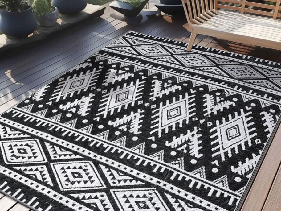 Outdoor Rug with a boho pattern on a patio