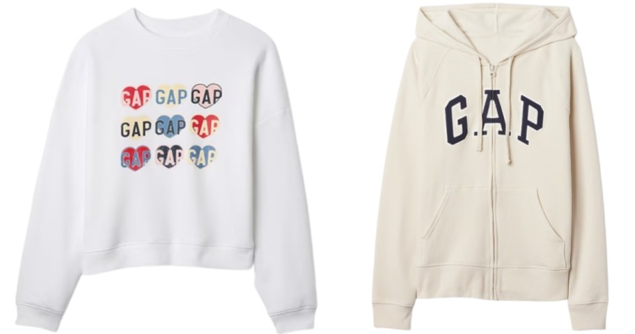 a women's white GAP sweatshirt with hearts and the GAP log on it, and a cream color zip up hoodie with the GAP logo on it