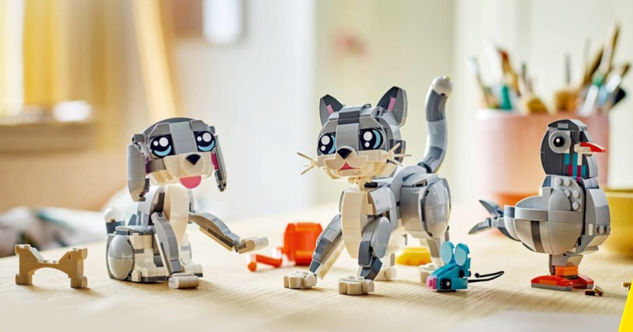 grey dog, cat, and bird lego sets