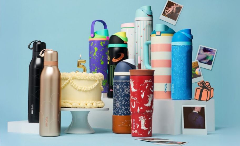 a collection of water bottles in various designs and graphic patterns