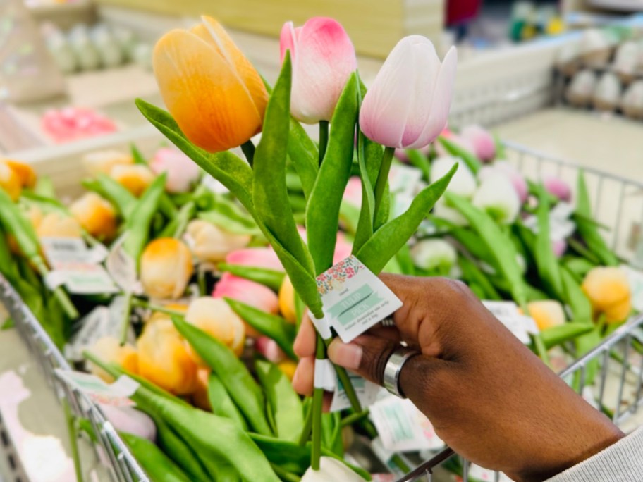 Tulips picks in womans hand