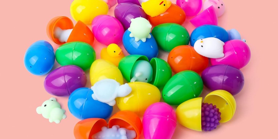 colored easter eggs with squishie toys 