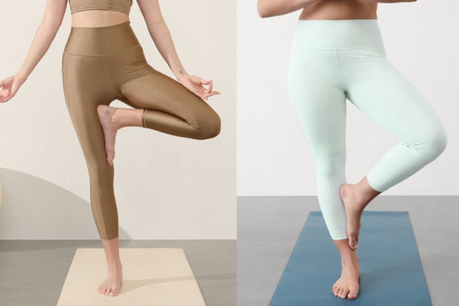 women in yoga poses in beige and aqua leggings