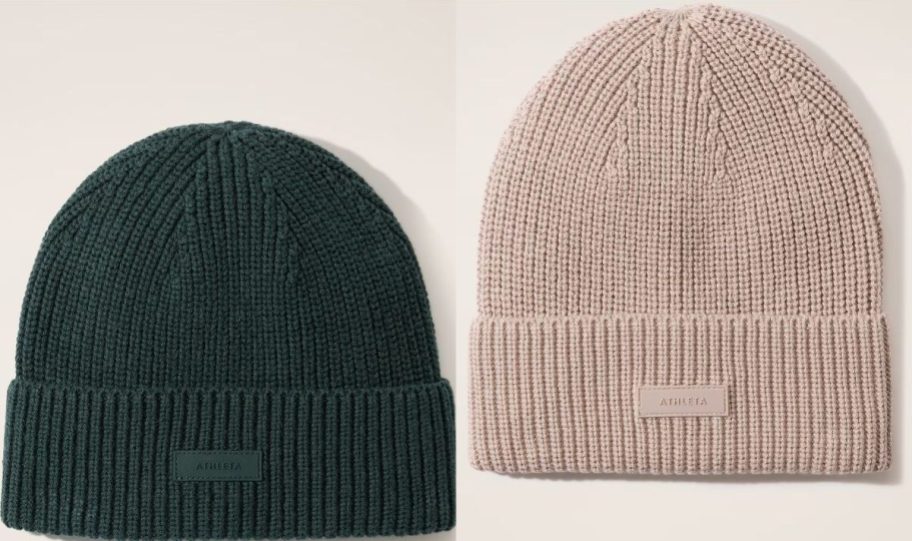 Stock images of two Athleta Cozy Hour Beanies