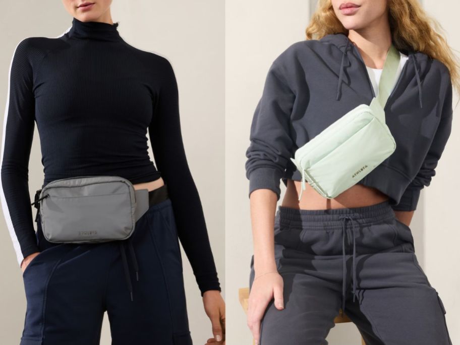 Two women wearing Athleta All About Large Crossbody Belt Bags