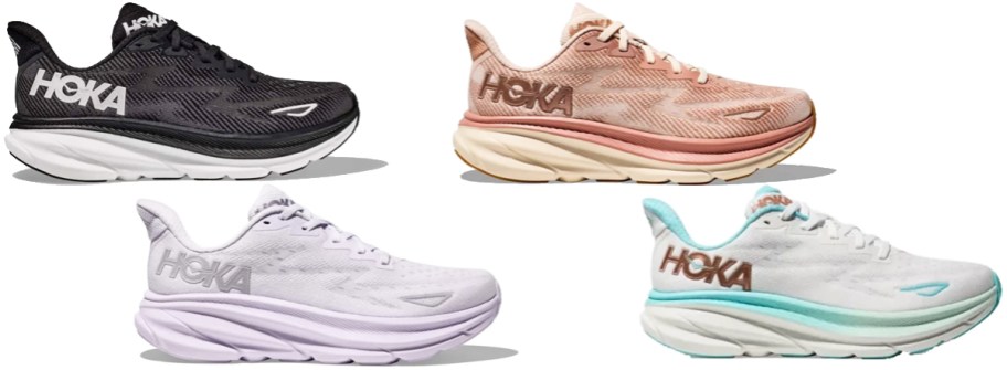 4 hoka shoes in various colors