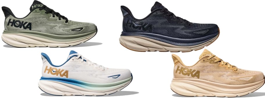 4 hoka shoes in various colors