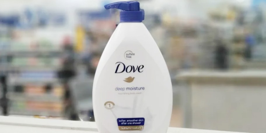 dove deep moisture body wash bottle on table